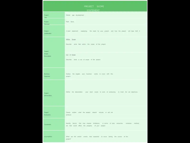 Snapshot of Project Scope Statement Template